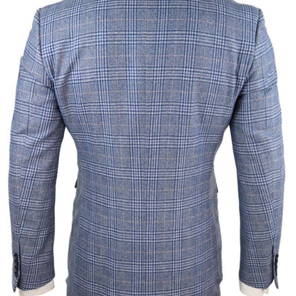 Mens 3 Piece Blue Grey Tweed Check Vintage Retro Suit