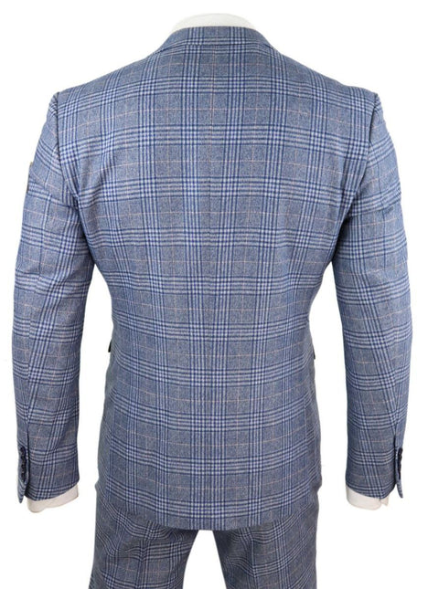 Mens 3 Piece Blue Grey Tweed Check Vintage Retro Suit