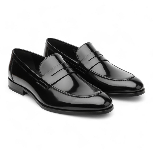 Mens Black Patent Faux Leather Formal Penny Loafers