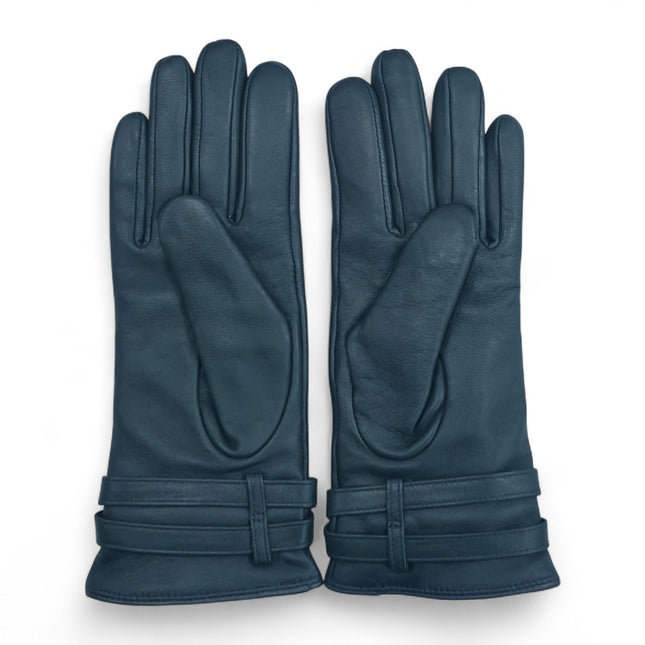 Womens Teal Green Italian Leather Winter Buckle Soft Wool Lining Gloves - L-GLV-601