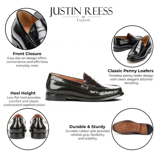 Justin Reess Men's Black Leather Penny Polished Loafers Shoes - Joseph
