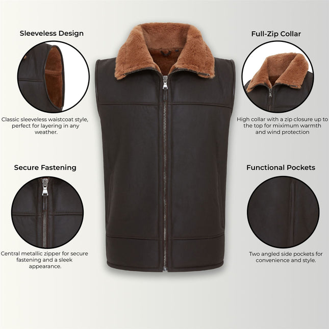 Men's Sheepskin Leather Gilet Aviator B3 Shearling Bomber Vest Waistcoat
