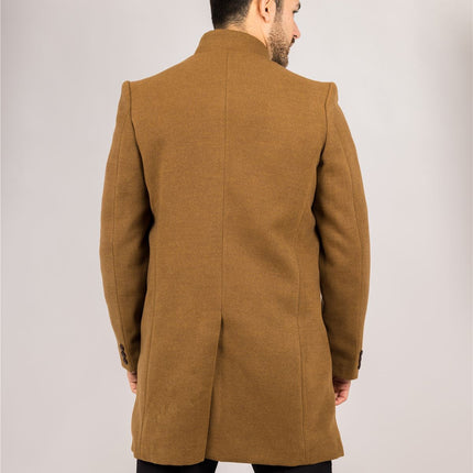 Men's Tan Stand Collar Wool Blend Overcoat