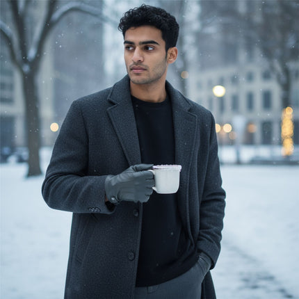 Men’s Olive Green Italian Leather Warm Wool-Lined Winter Gloves - M-LGV-505