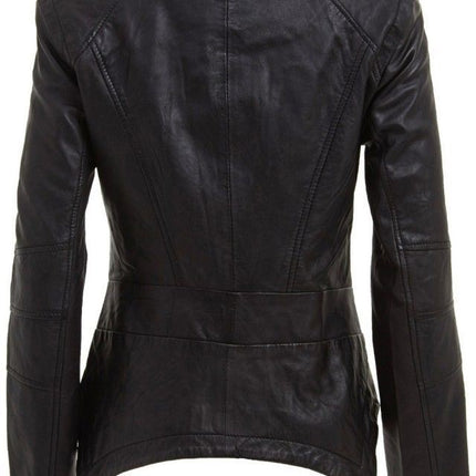 Womens Detachable Collar Leather Biker Jacket-Rosario