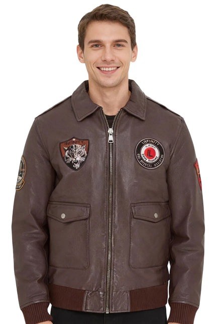 Men’s Brown Leather Bomber G-1 Aviator Collar Jacket  - Maverick