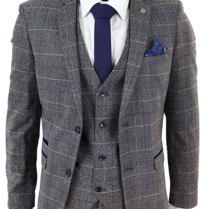 Mens 3 Piece Grey With Blue Check Vintage Classic Suit