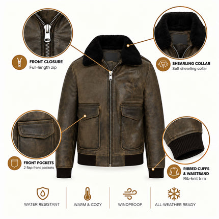 Mens Brown Leather Aviator Bomber Jacket - Lunar