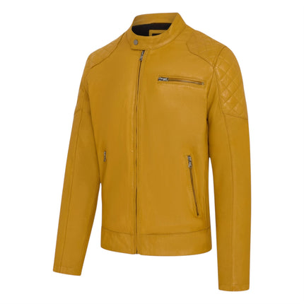 Mens Yellow Leather Quilted Shoulder Biker Jacket - Rock