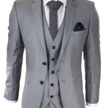 Mens 3 Piece Light Grey Classic Stitch Retro Suit