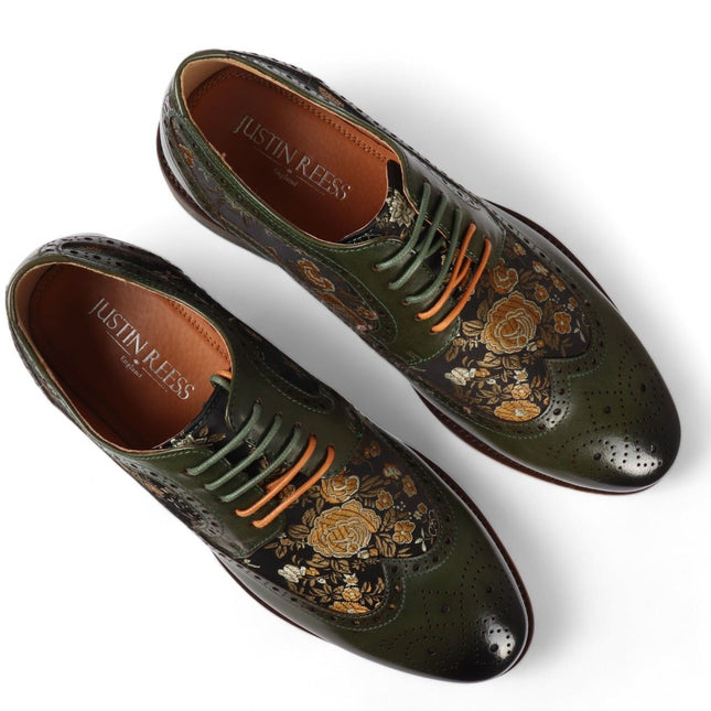 Justin Reess Men's Green Leather Floral Print Brogue Dress Shoes - Ross