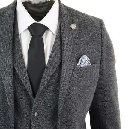 Men's 3 Piece Charcoal Grey Herringbone Tweed Suit