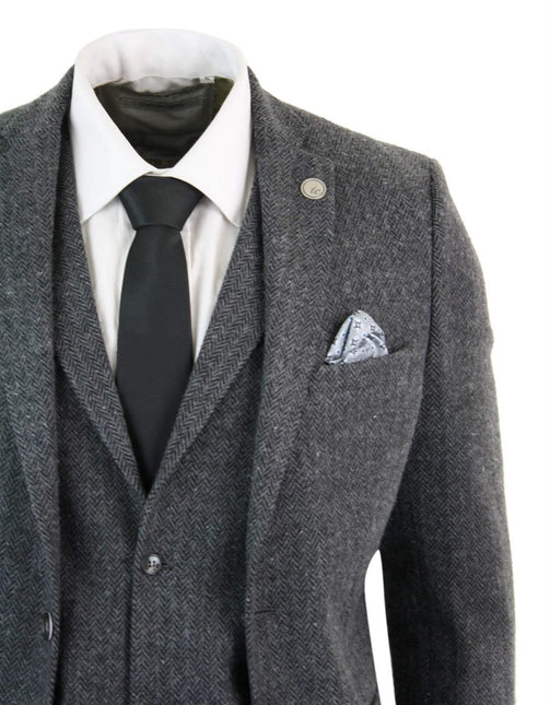 Men's 3 Piece Charcoal Grey Herringbone Tweed Suit