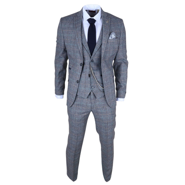 Men's Light Blue Grey Check Tweed 3-Piece Suit Vintage Pattern Tailored Fit Woollen Suit