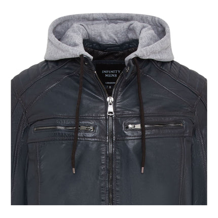 Men's Hooded Biker Lamb Leather Jacket - Burten