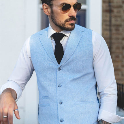 Men's Summer 2 Piece Suit Linen Formal Light Blue Waistcoat Trousers