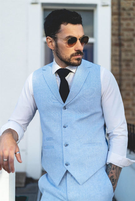 Men's Summer 2 Piece Suit Linen Formal Light Blue Waistcoat Trousers
