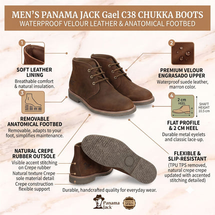 Panama Jack Men's Brown Leather Waterproof Lace-Up Desert Boots - Gael C38