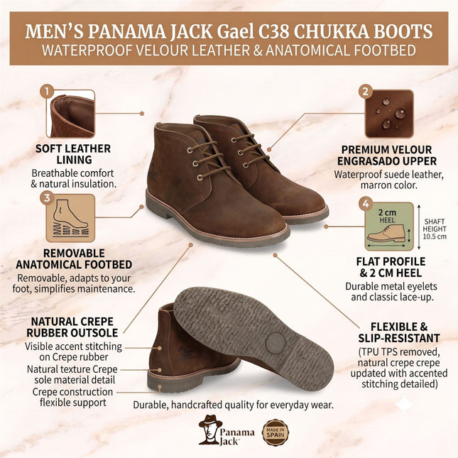 Panama Jack Men's Brown Leather Waterproof Lace-Up Desert Boots - Gael C38