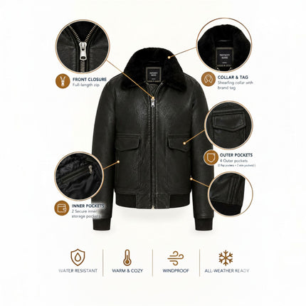 Mens Dark Green Leather Aviator Bomber Jacket - Lunar