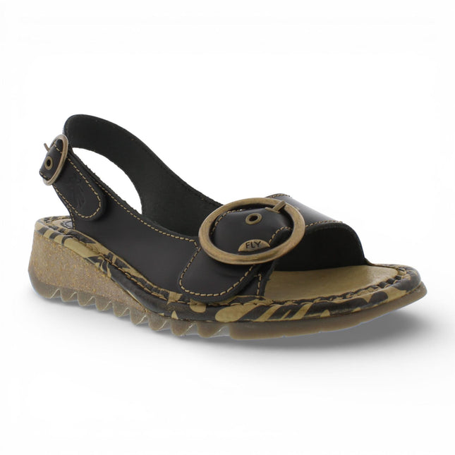 Fly London Women's TRAM723FLY Black Leather Wedge Sandals