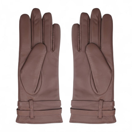 Womens Nude Beige Italian Leather Winter Buckle Soft Wool Lining Gloves - L-GLV-601