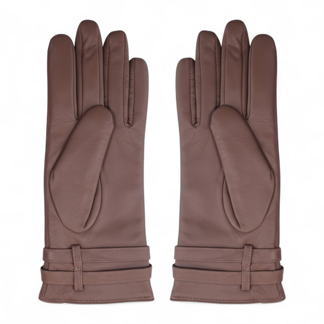 Womens Nude Beige Italian Leather Winter Buckle Soft Wool Lining Gloves - L-GLV-601