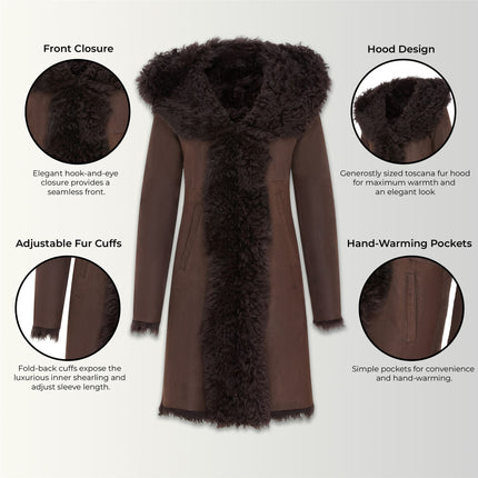 Womens Brown Toscana Sheepskin Leather Hooded Trench Coat - Coast