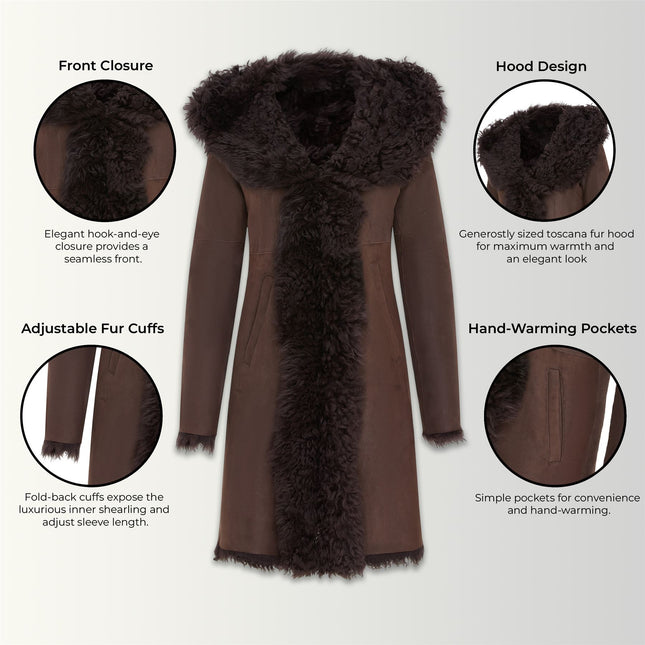 Womens Brown Toscana Sheepskin Leather Hooded Trench Coat - Coast