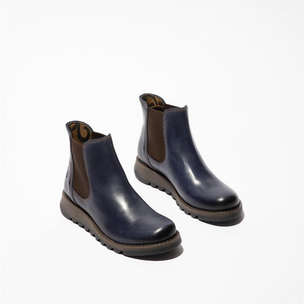 Fly London Womens Blue SALV Chelsea Leather Ankle Casual Wedge Heel Boots