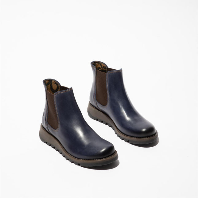 Fly London Womens Blue SALV Chelsea Leather Ankle Casual Wedge Heel Boots