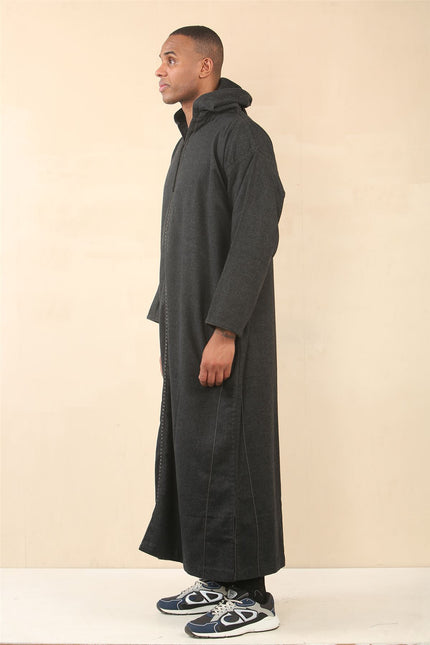 Men's Black Hooded Moroccan Thobe Djellaba Jubba Robe Eid