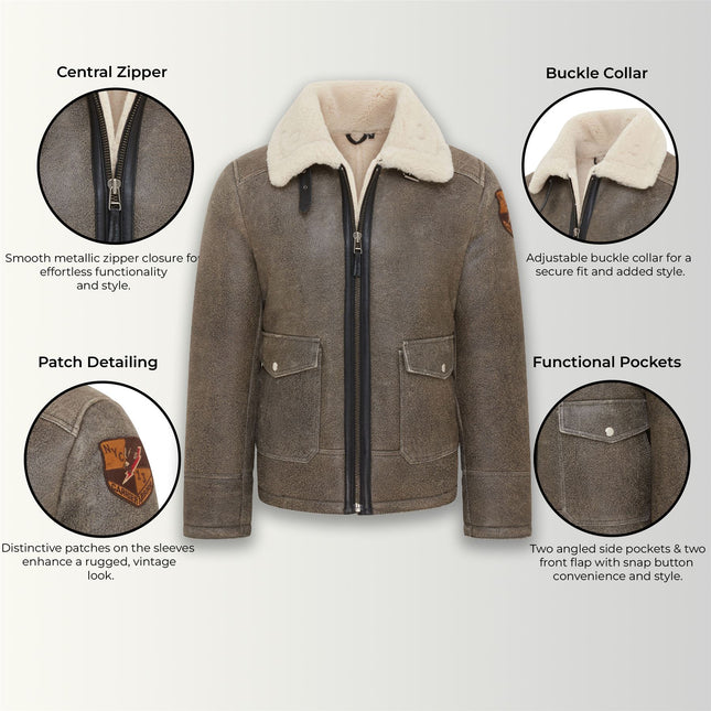 Men's Grey B3 Real Shearling Sheepskin WW2 Bomber Leather Flying Aviator Jacket