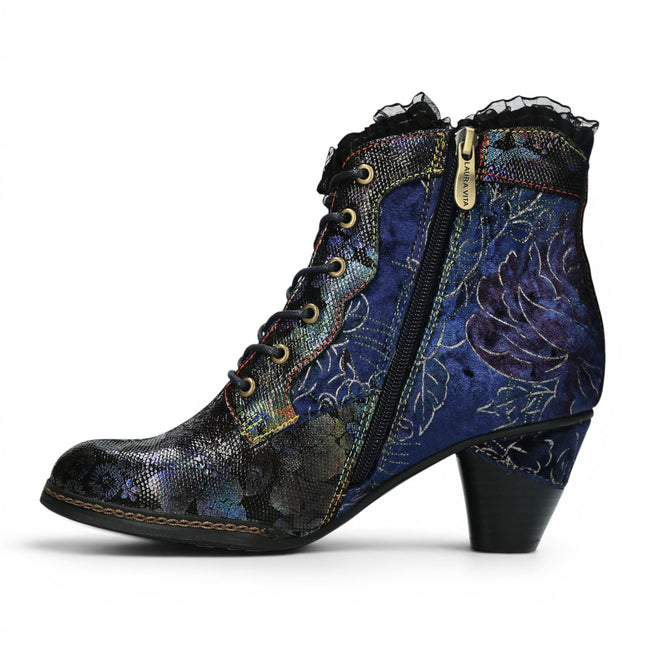 Laura Vita Women's Floral Goth Victorian Blue Leather Heeled Ankle Boots - Alcizeeo-190