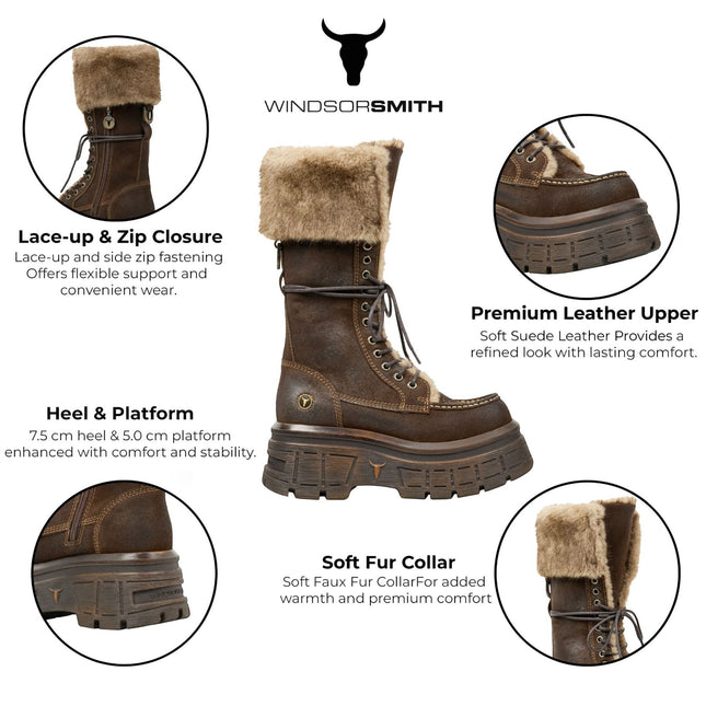 Windsorsmith Women's Brown Suede Leather Platform Combat Fur Boots - Saintly