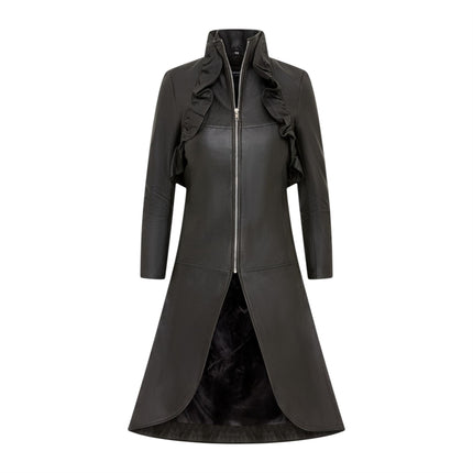 Womens Goth Black Leather High Collar Victorian Flare Tailcoat - Challa