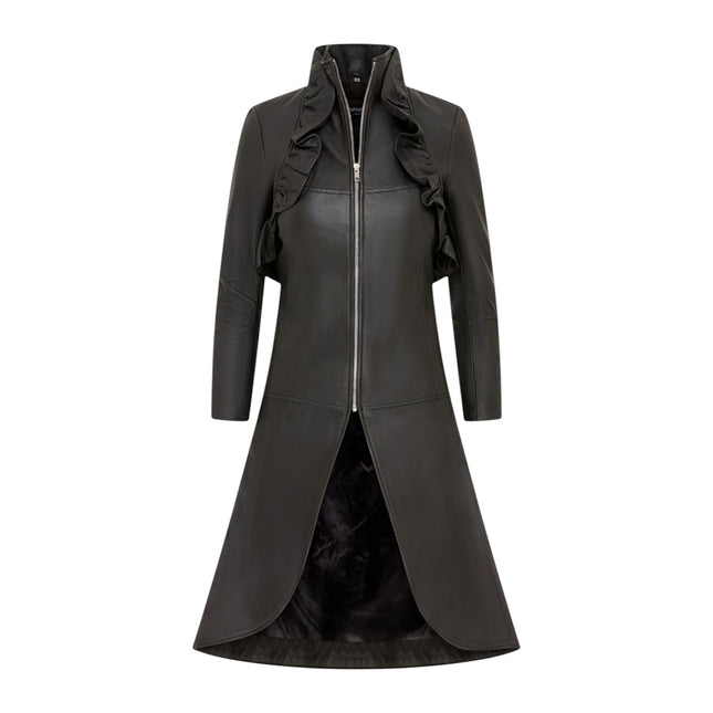 Womens Goth Black Leather High Collar Victorian Flare Tailcoat - Challa