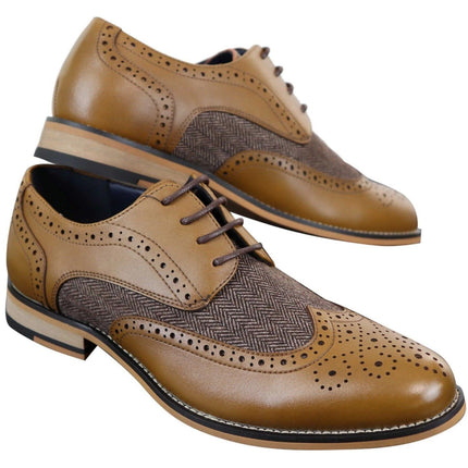 Mens Classic Oxford Tweed Brogue Shoes In Tan Leather