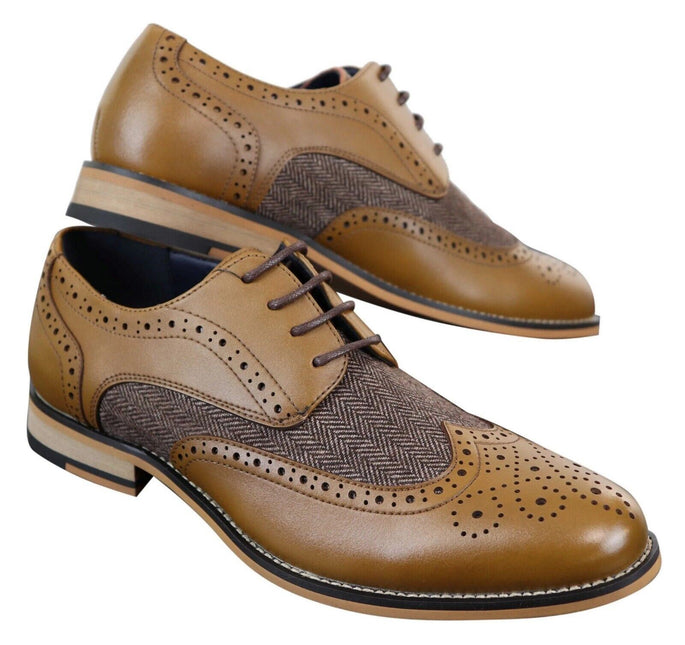 Mens Classic Oxford Tweed Brogue Shoes In Tan Leather