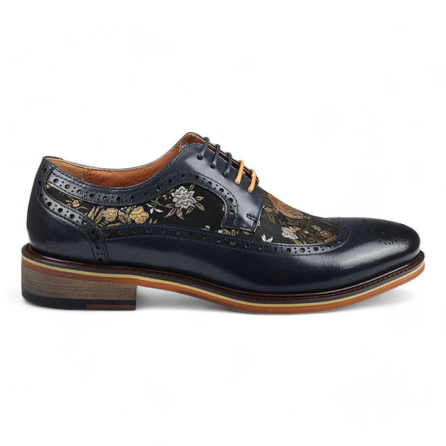 Justin Reess Men's Navy Blue Leather Floral Print Brogue Dress Shoes - Ross