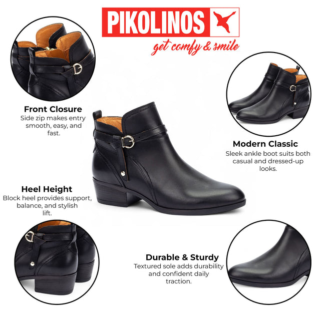 Pikolinos Women’s Black Leather Ankle Bootie Zip Heel Boots - Daroca