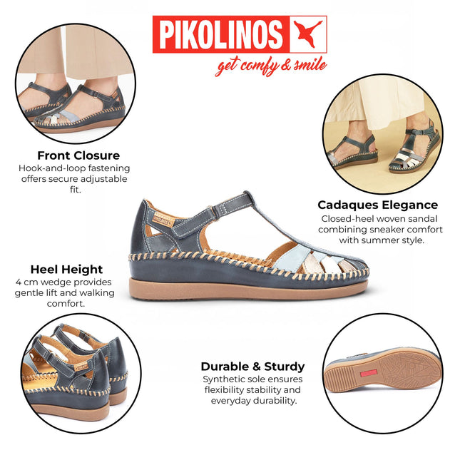 Pikolinos Women's Ocean Blue Leather Semi-Open Wedge Sandal Shoes - Cadaques