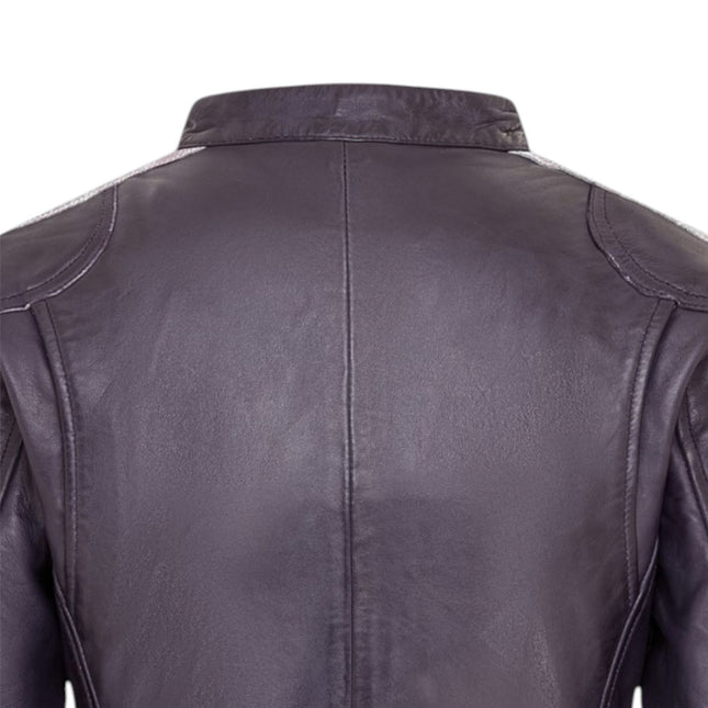 Womens Biker Racing Badges Purple Leather Jacket-Eastleigh