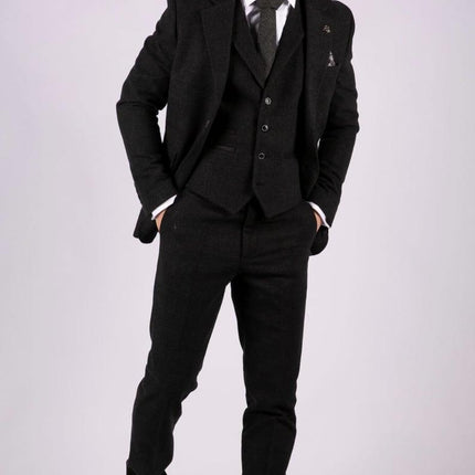 Mens Black 3 Piece Tweed Suit Peaky Blinders 1920s Gatsby Classic Tailored Fit