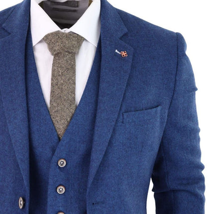 Mens 3 Piece Blue Tweed Wool Twill Vintage Classic Suit