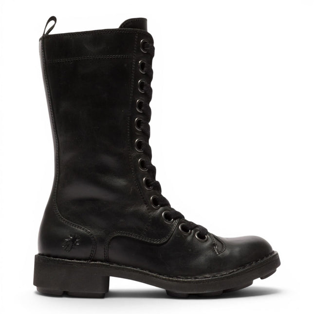 Fly London Women’s Black Leather Lace-Up Combat Ankle Boots- NOLE176