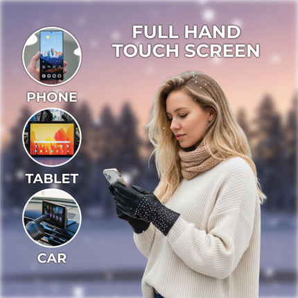 Womens Black Italian Leather Winter Studded Design Soft Wool Lining Gloves - L-GLV-601