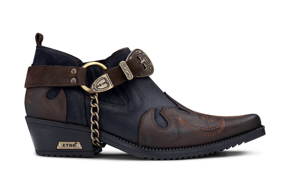 Men's Navy/Brown Leather Metal Chain Winklepicker Cowboy Boots