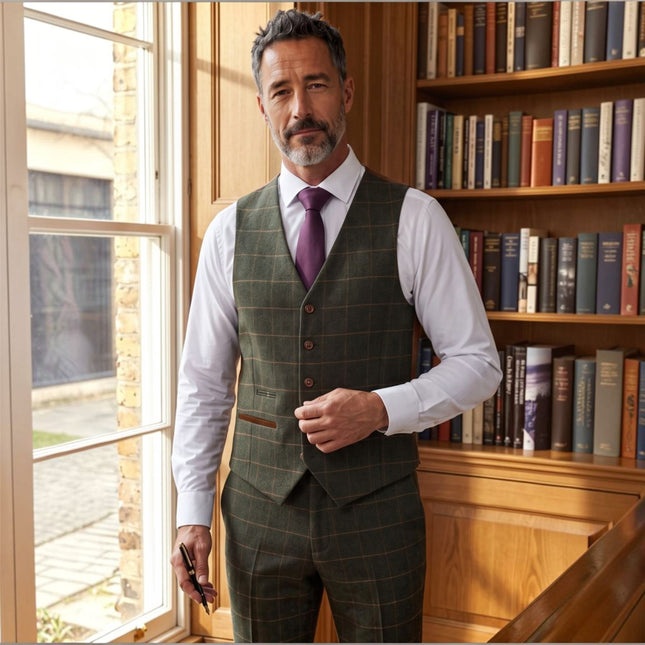 Men's Green Tweed Herringbone Check Waistcoat - Harris