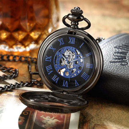 Vinatage Black Mechanical Alloy Skeleton Half Hunter Pocket Watch